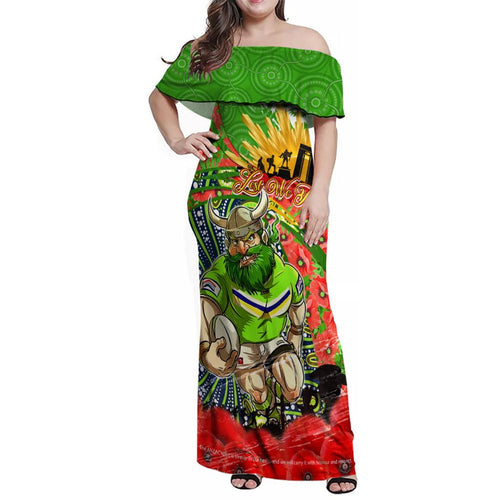 Personalised Mascot Raiders ANZAC Family Matching Off Shoulder Maxi Dress and Hawaiian Shirt Lest We Forget
