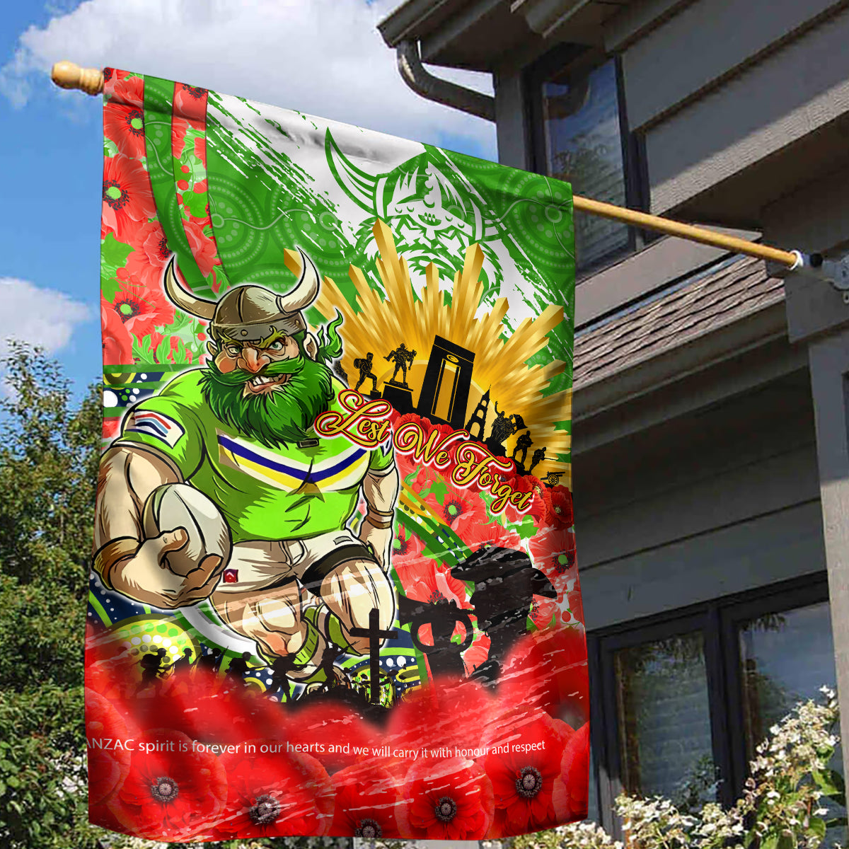 Personalised Mascot Raiders ANZAC Garden Flag Lest We Forget