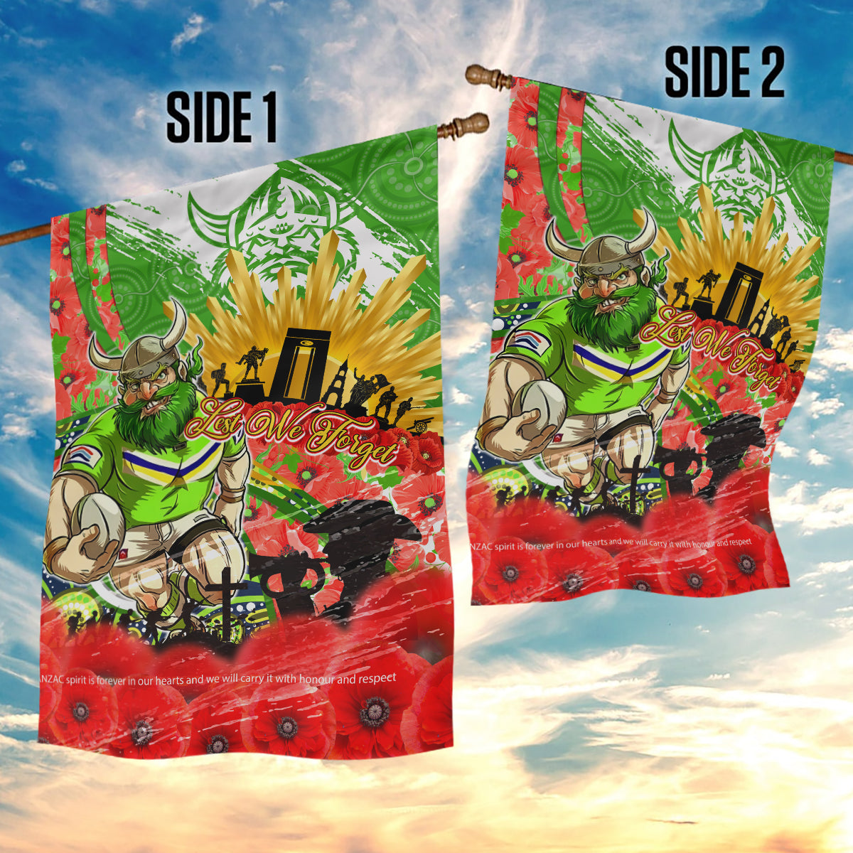 Personalised Mascot Raiders ANZAC Garden Flag Lest We Forget