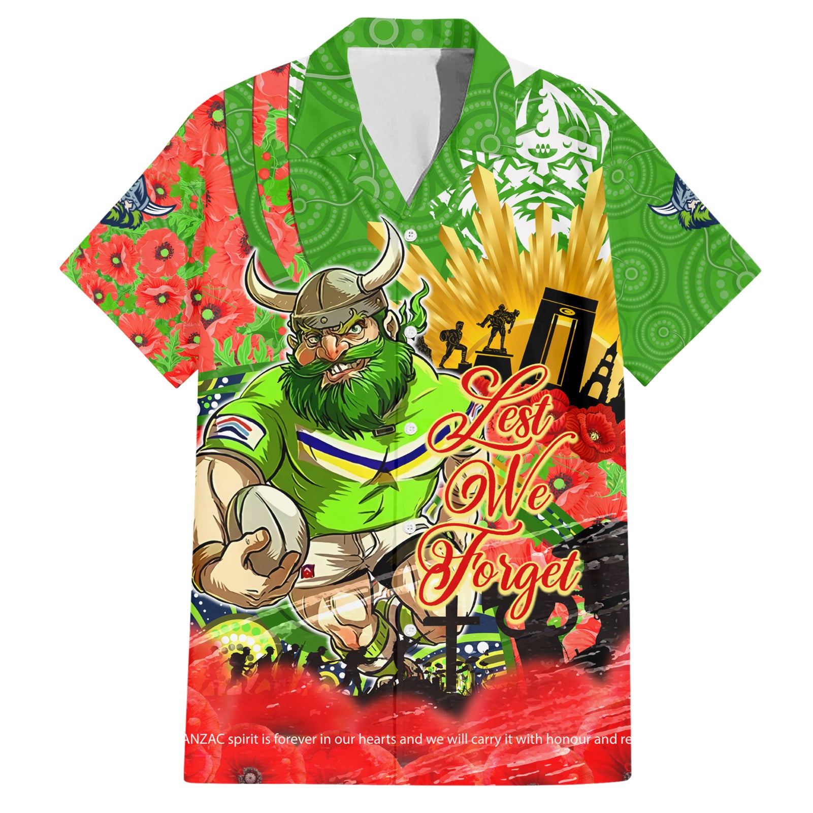 Personalised Mascot Raiders ANZAC Hawaiian Shirt Lest We Forget