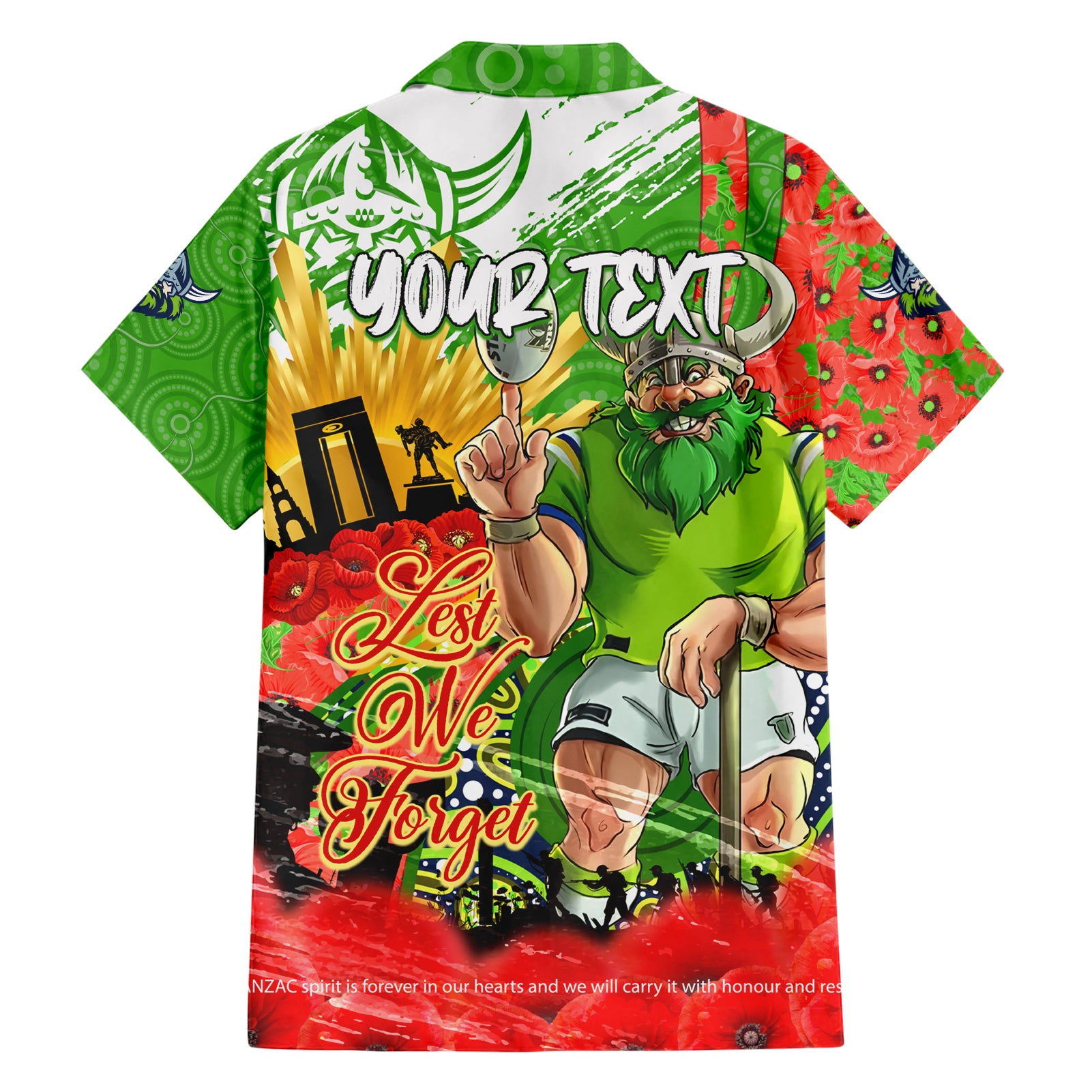 Personalised Mascot Raiders ANZAC Hawaiian Shirt Lest We Forget