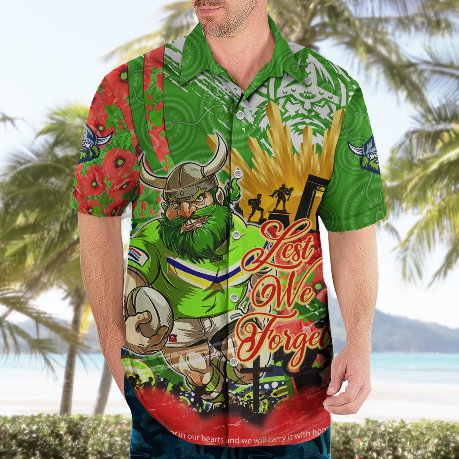 Personalised Mascot Raiders ANZAC Hawaiian Shirt Lest We Forget