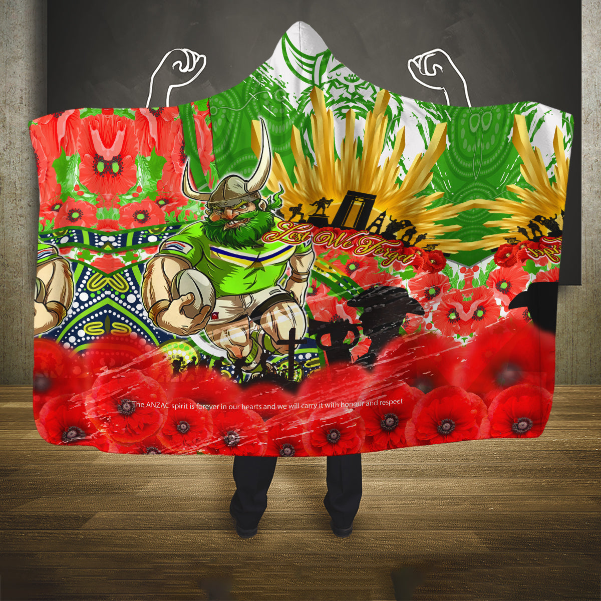 Personalised Mascot Raiders ANZAC Hooded Blanket Lest We Forget