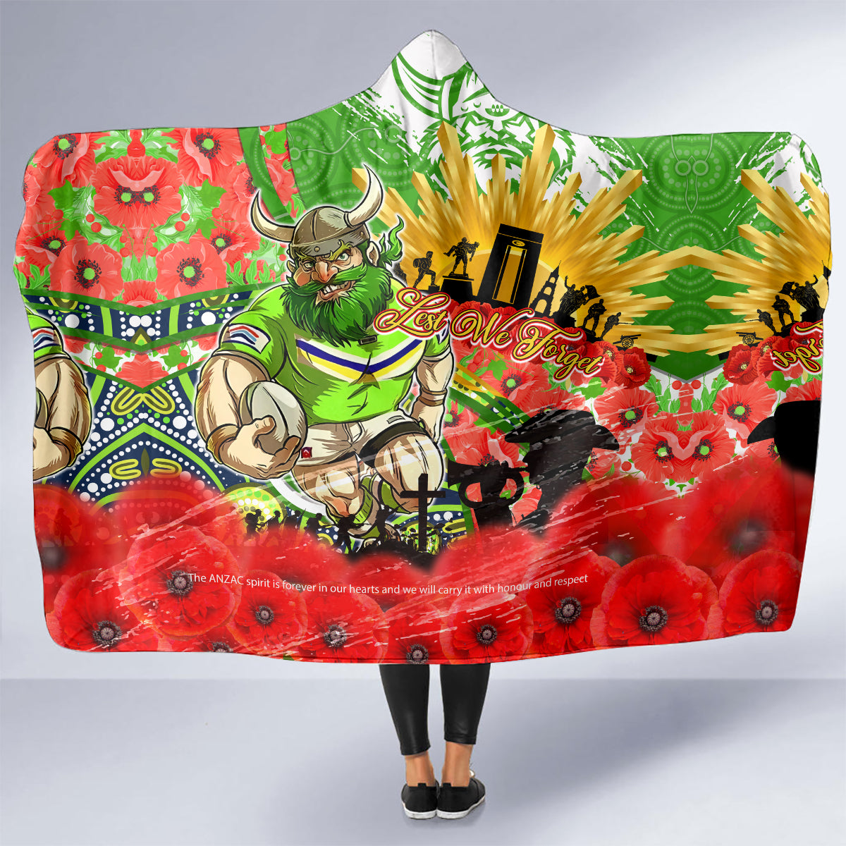 Personalised Mascot Raiders ANZAC Hooded Blanket Lest We Forget