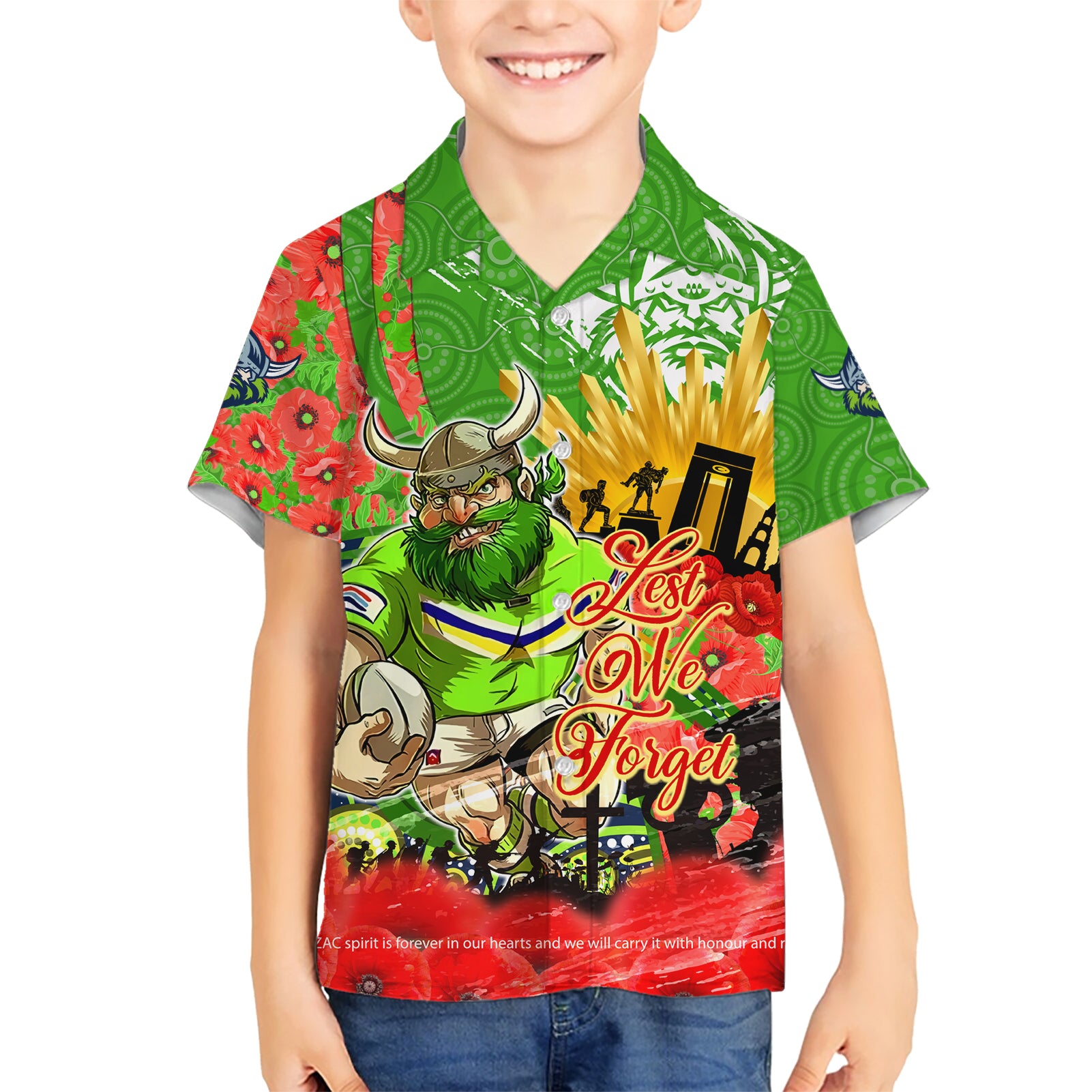 Personalised Mascot Raiders ANZAC Kid Hawaiian Shirt Lest We Forget