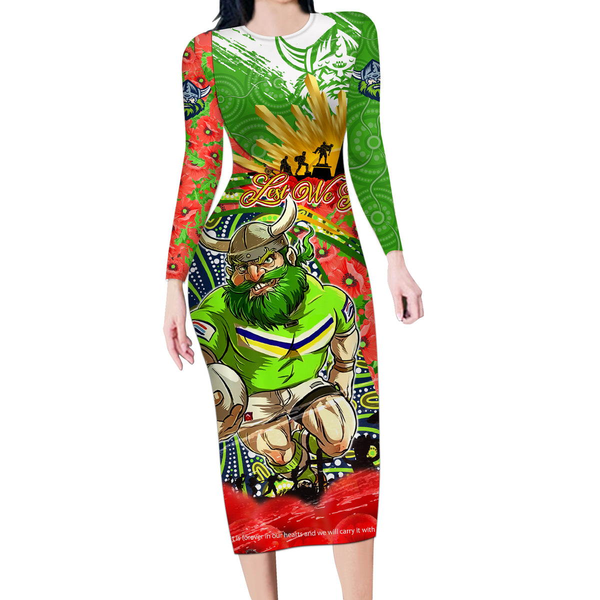 Personalised Mascot Raiders ANZAC Long Sleeve Bodycon Dress Lest We Forget
