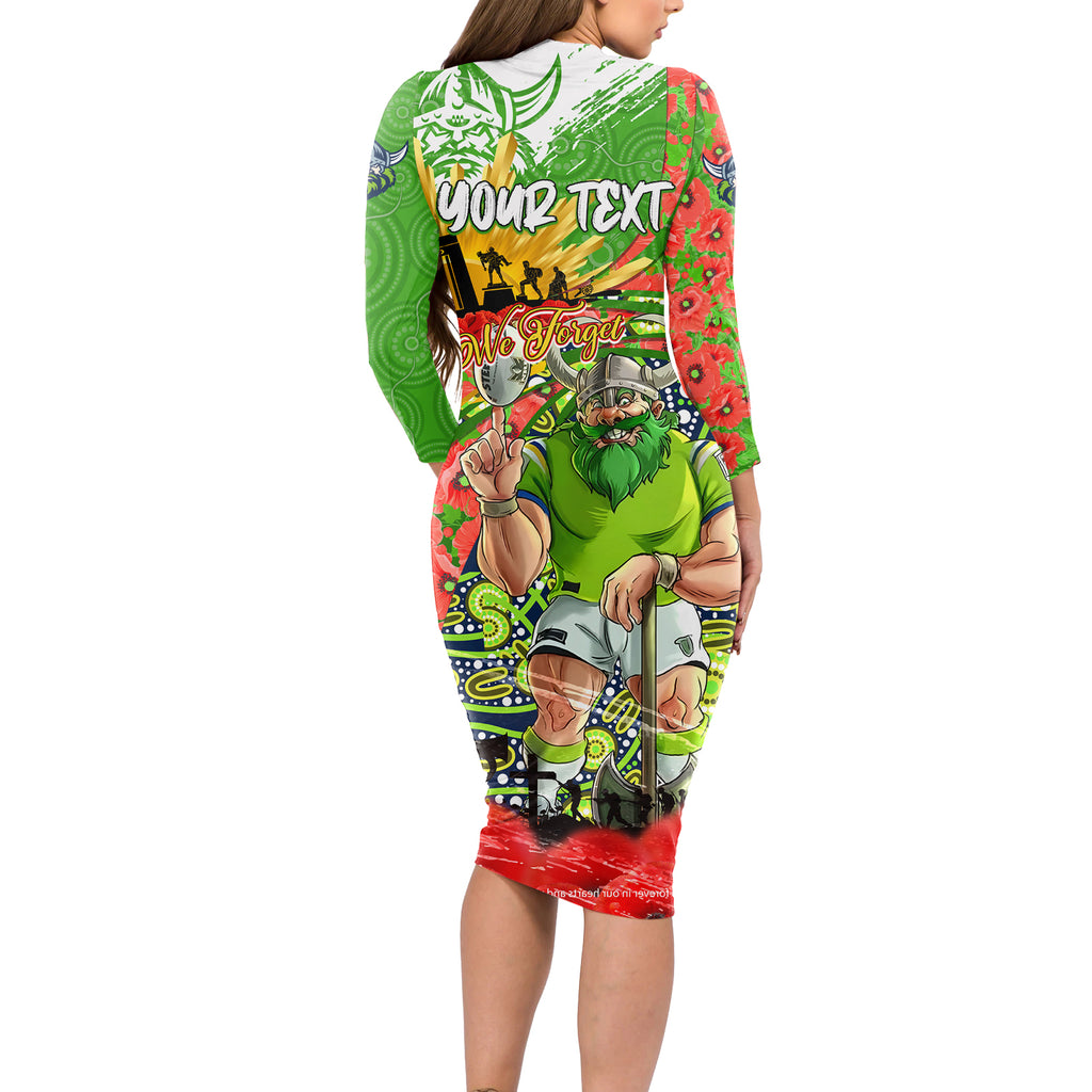Personalised Mascot Raiders ANZAC Long Sleeve Bodycon Dress Lest We Forget