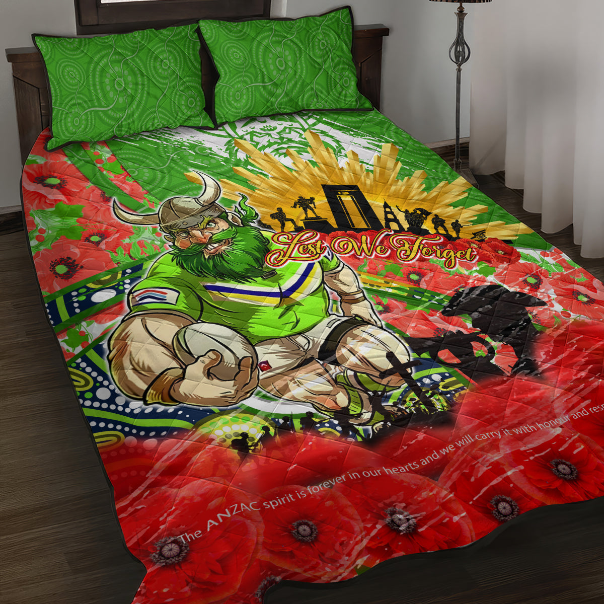 Personalised Mascot Raiders ANZAC Quilt Bed Set Lest We Forget