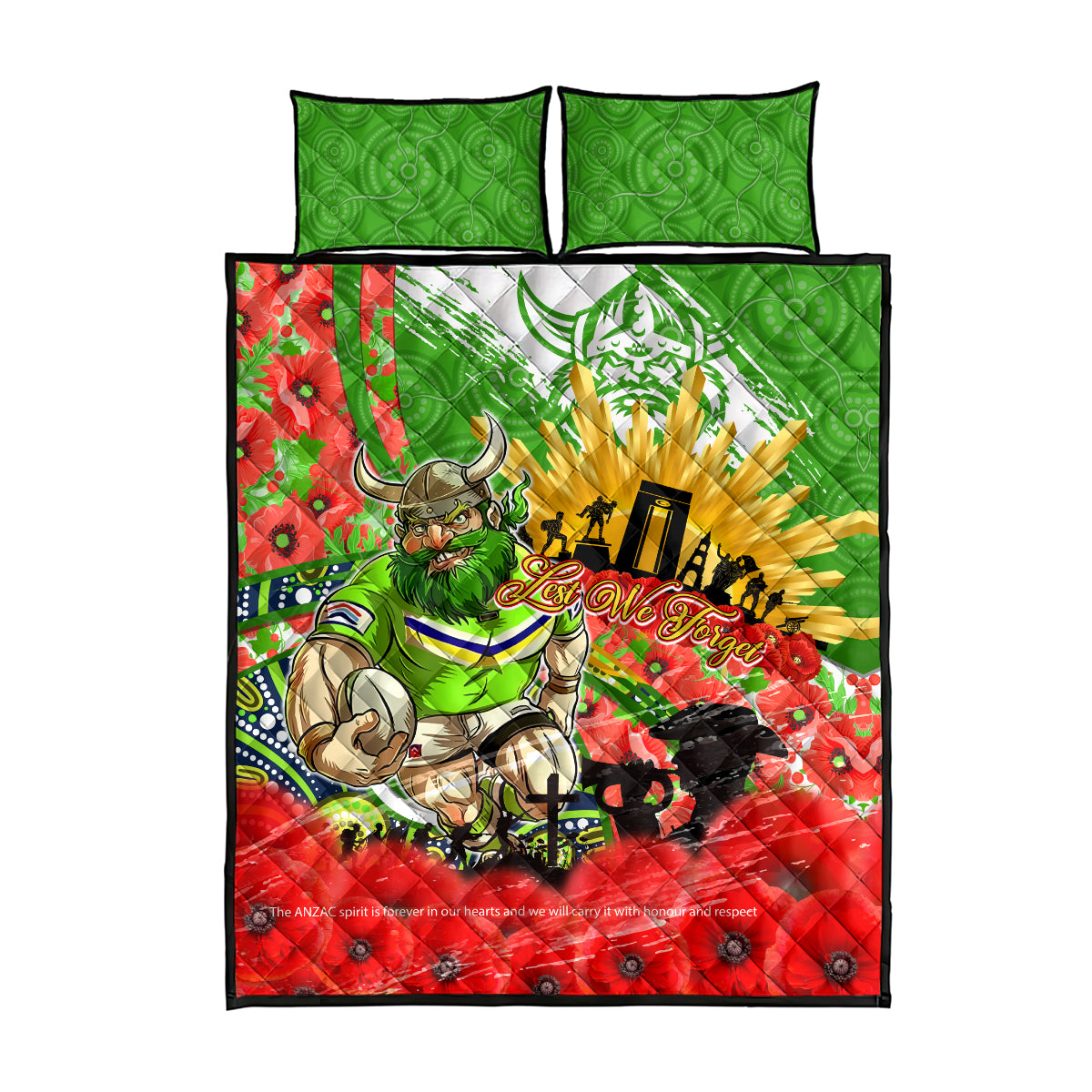 Personalised Mascot Raiders ANZAC Quilt Bed Set Lest We Forget