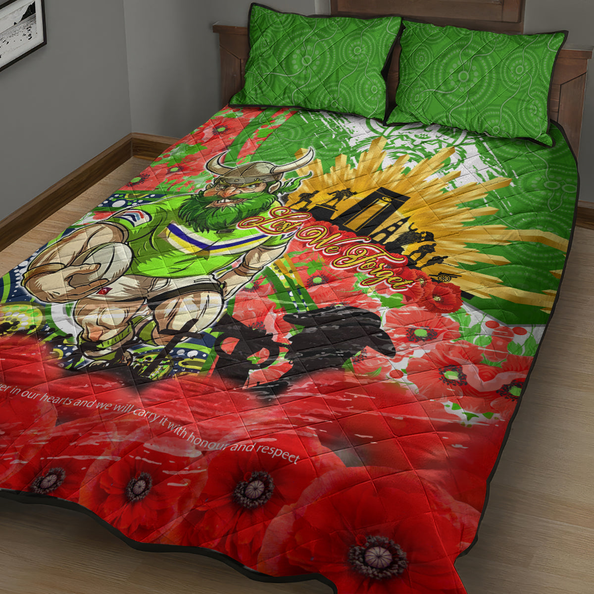 Personalised Mascot Raiders ANZAC Quilt Bed Set Lest We Forget