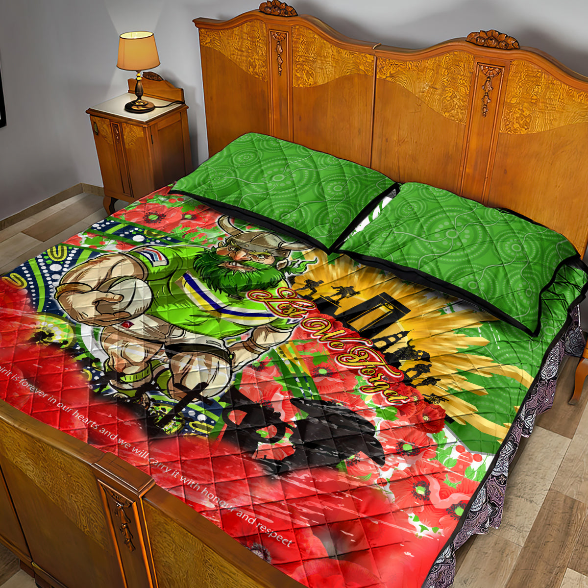 Personalised Mascot Raiders ANZAC Quilt Bed Set Lest We Forget