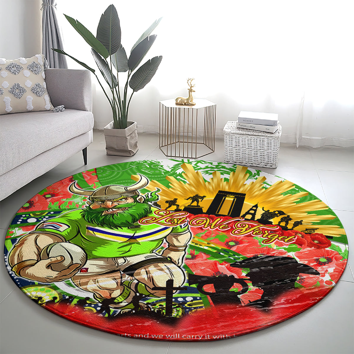 Personalised Mascot Raiders ANZAC Round Carpet Lest We Forget