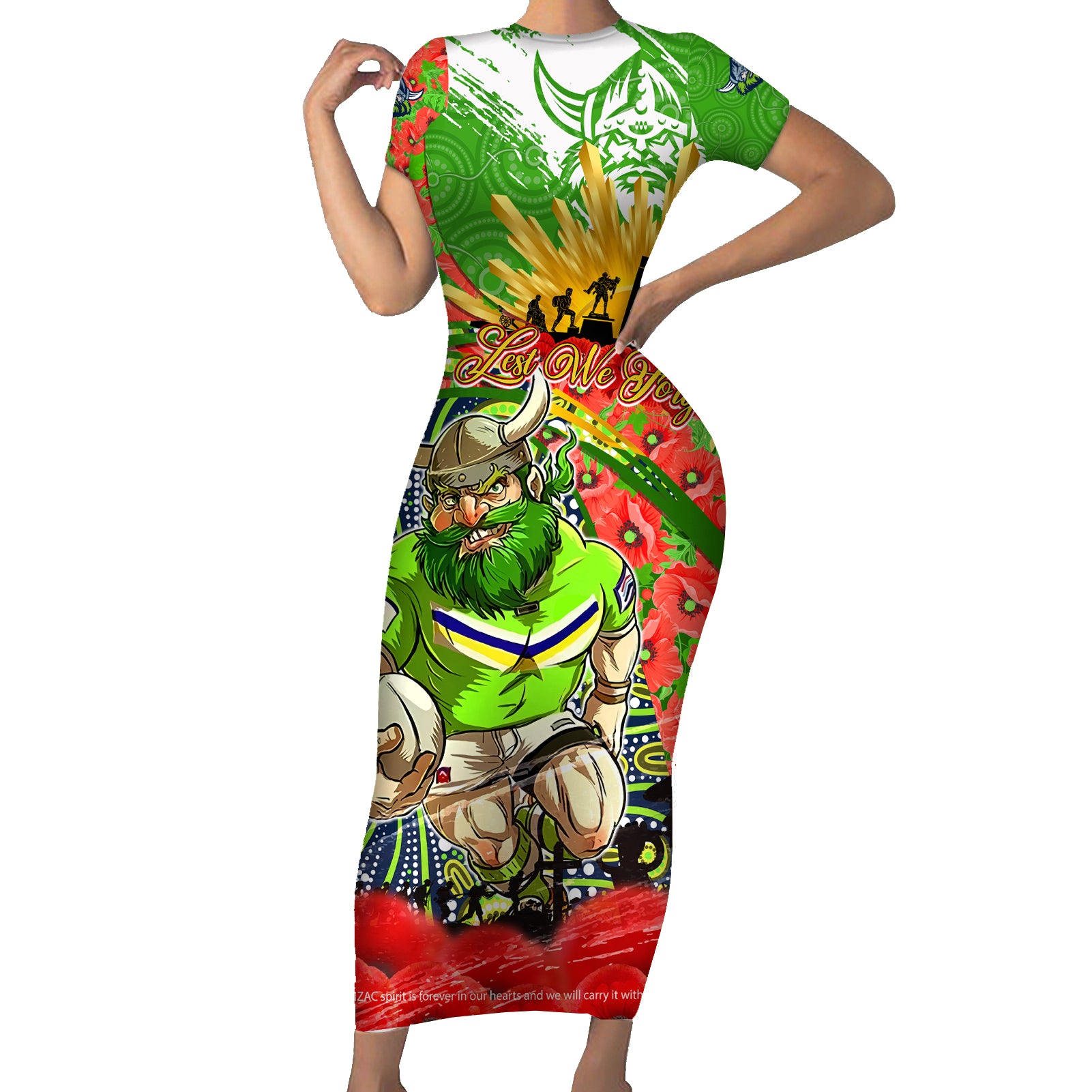 Personalised Mascot Raiders ANZAC Short Sleeve Bodycon Dress Lest We Forget
