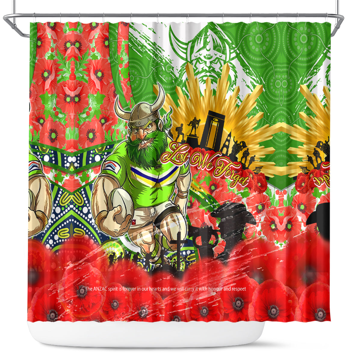 Personalised Mascot Raiders ANZAC Shower Curtain Lest We Forget