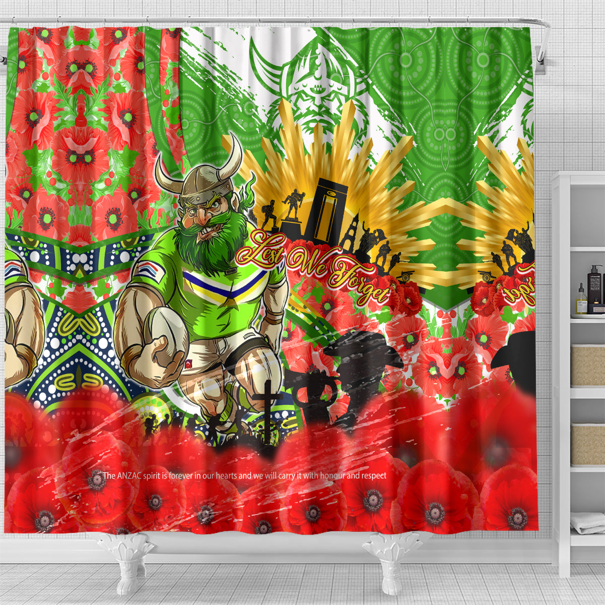 Personalised Mascot Raiders ANZAC Shower Curtain Lest We Forget