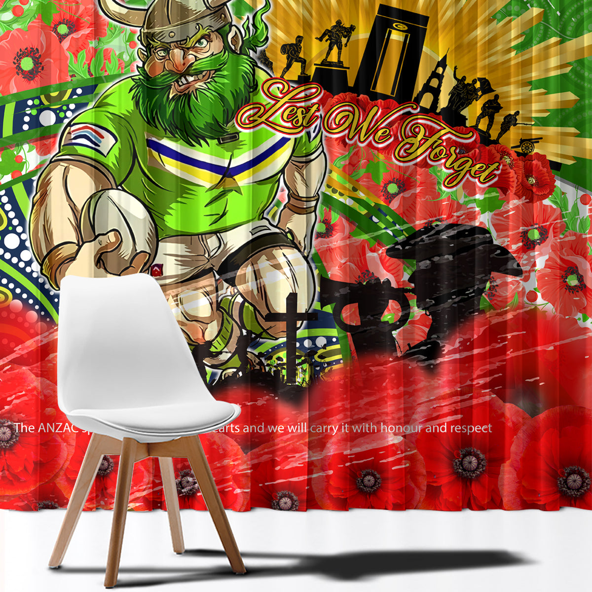 Personalised Mascot Raiders ANZAC Window Curtain Lest We Forget