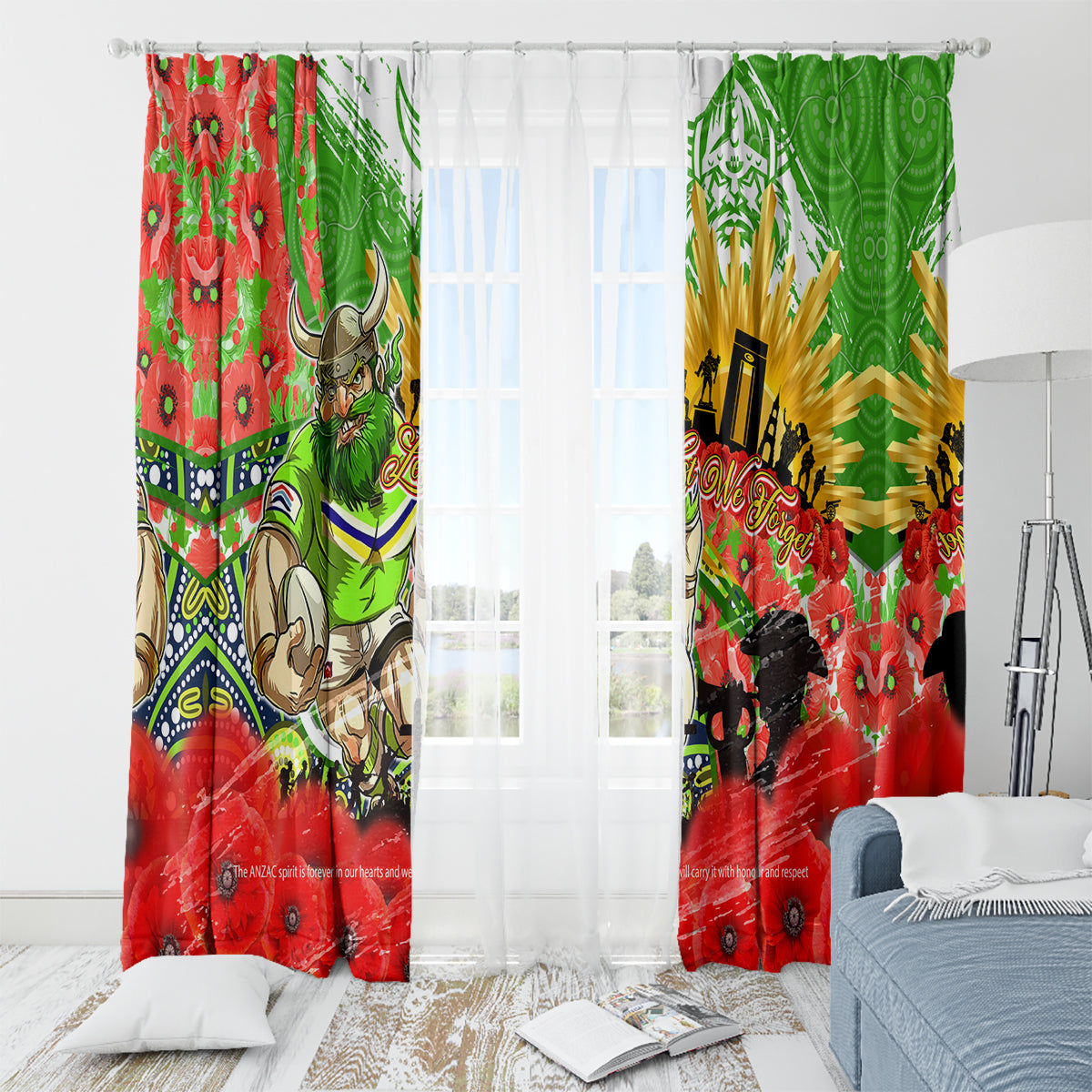Personalised Mascot Raiders ANZAC Window Curtain Lest We Forget