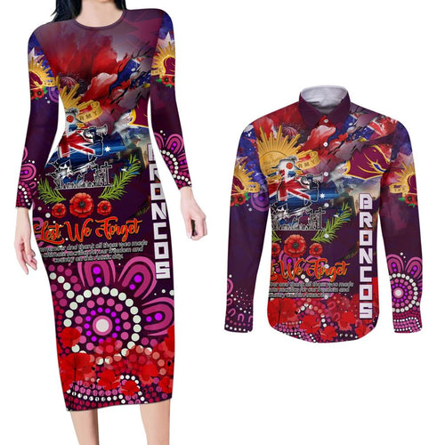 Personalised Australia Rugby Broncos ANZAC Couples Matching Long Sleeve Bodycon Dress and Long Sleeve Button Shirt Brisbane Scratch Style