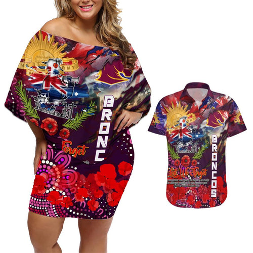 Personalised Australia Rugby Broncos ANZAC Couples Matching Off Shoulder Short Dress and Hawaiian Shirt Brisbane Scratch Style