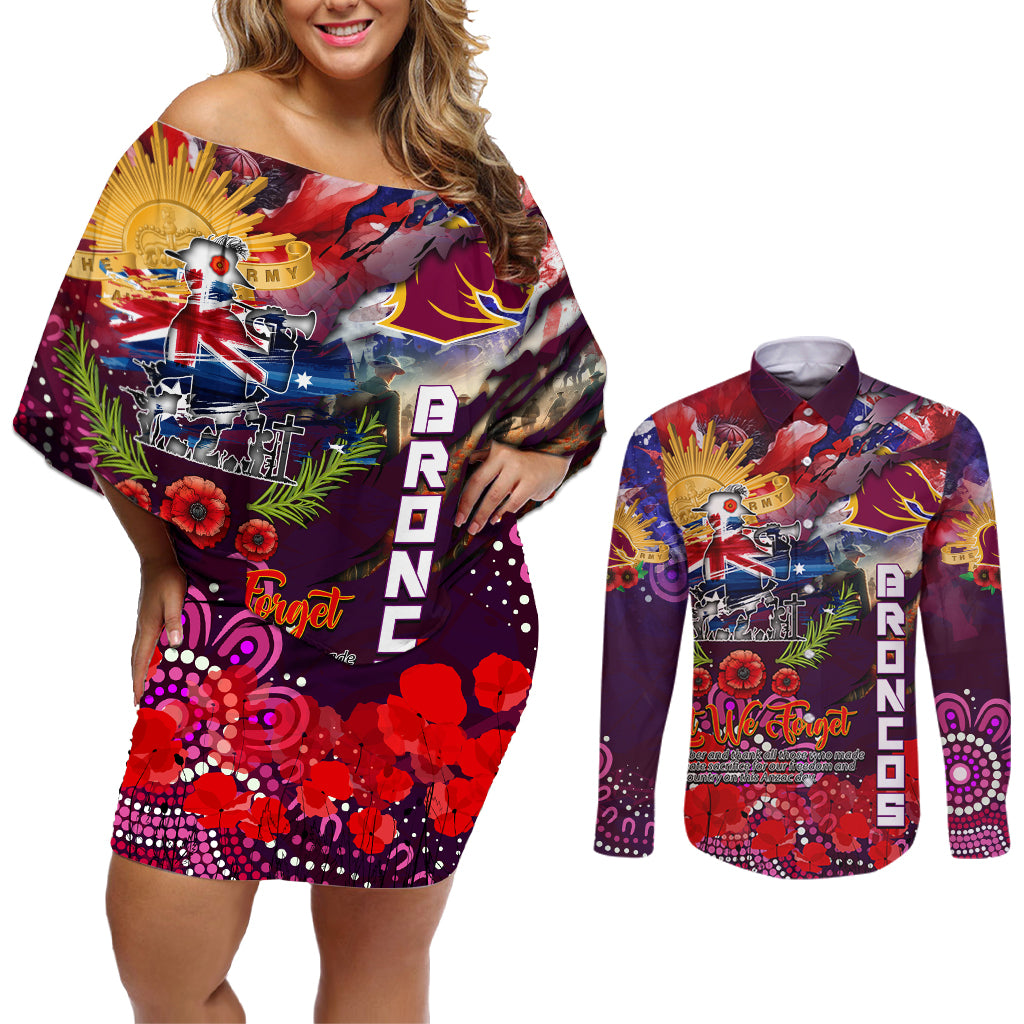 Personalised Australia Rugby Broncos ANZAC Couples Matching Off Shoulder Short Dress and Long Sleeve Button Shirt Brisbane Scratch Style