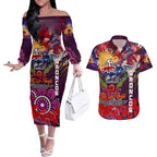 Personalised Australia Rugby Broncos ANZAC Couples Matching Off The Shoulder Long Sleeve Dress and Hawaiian Shirt Brisbane Scratch Style
