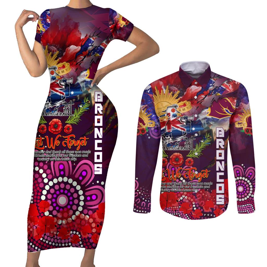 Personalised Australia Rugby Broncos ANZAC Couples Matching Short Sleeve Bodycon Dress and Long Sleeve Button Shirt Brisbane Scratch Style