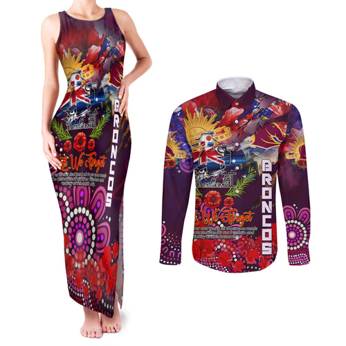 Personalised Australia Rugby Broncos ANZAC Couples Matching Tank Maxi Dress and Long Sleeve Button Shirt Brisbane Scratch Style