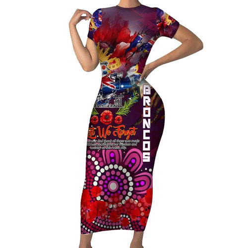 Personalised Australia Rugby Broncos ANZAC Family Matching Short Sleeve Bodycon Dress and Hawaiian Shirt Brisbane Scratch Style