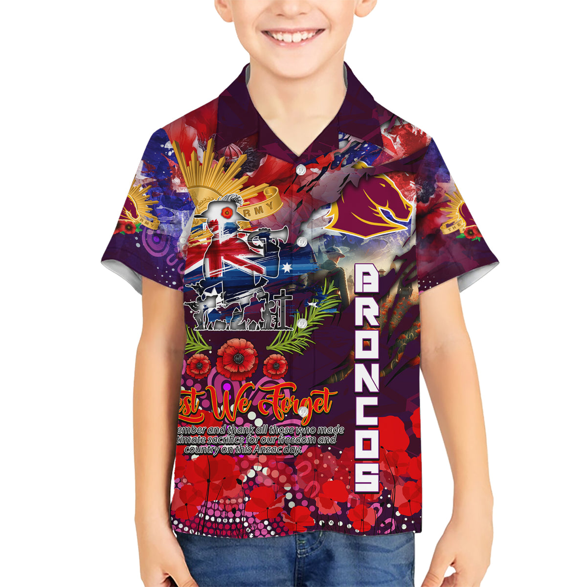 Personalised Australia Rugby Broncos ANZAC Kid Hawaiian Shirt Brisbane Scratch Style