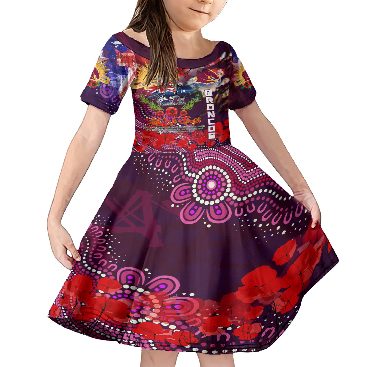 Personalised Australia Rugby Broncos ANZAC Kid Short Sleeve Dress Brisbane Scratch Style