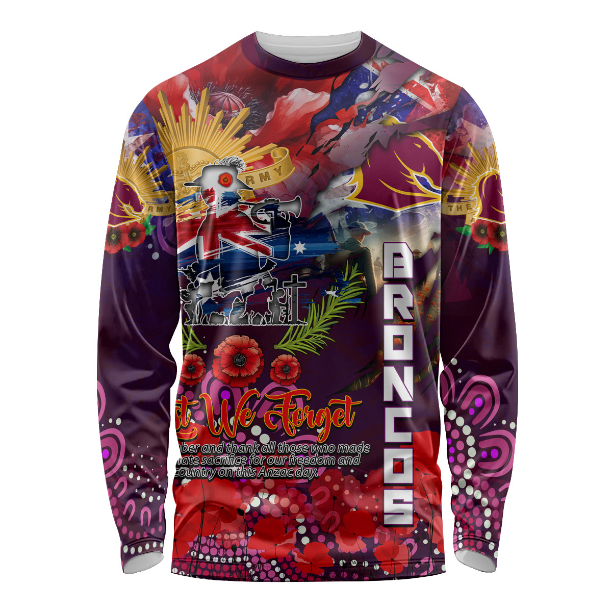 Personalised Australia Rugby Broncos ANZAC Long Sleeve Shirt Brisbane Scratch Style