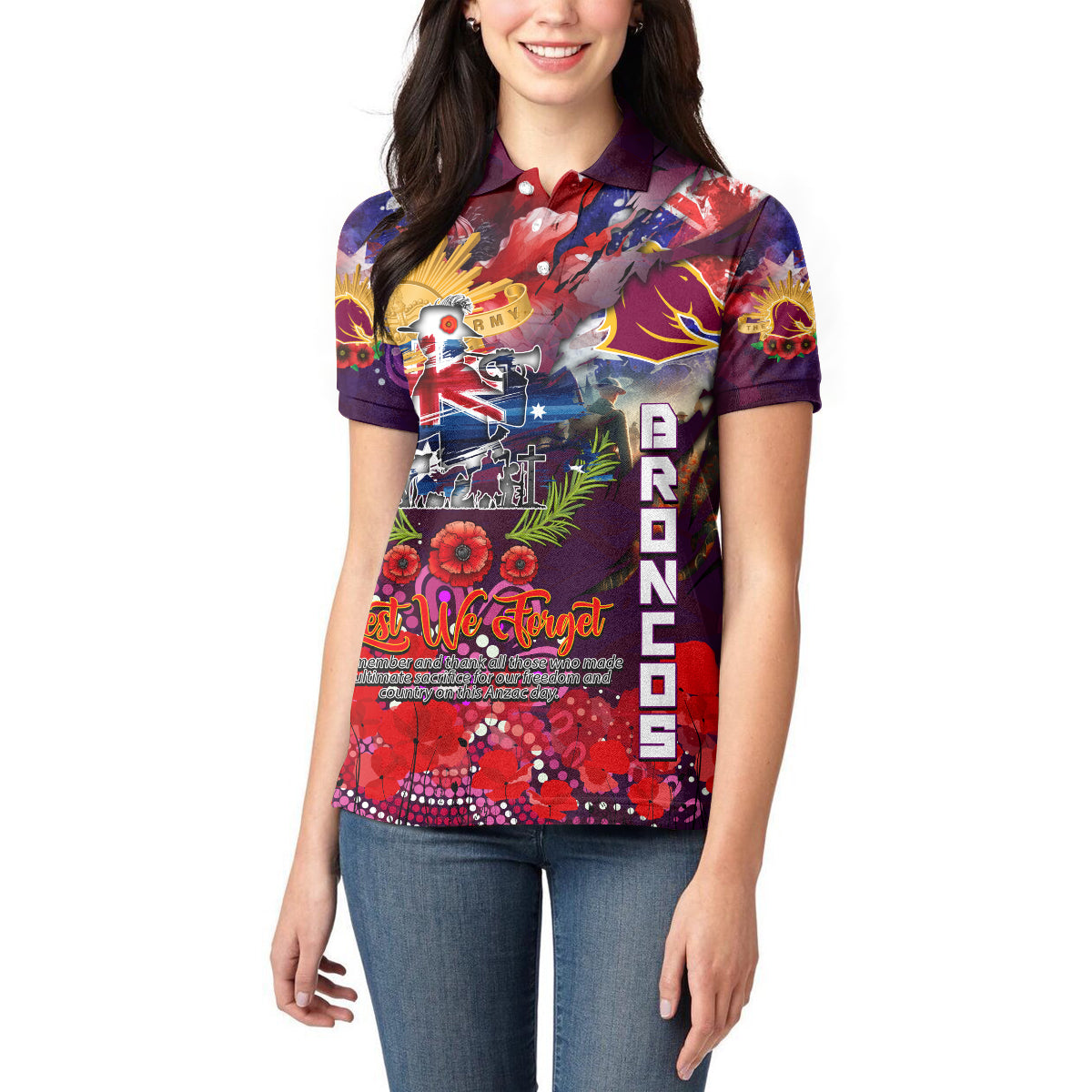 Personalised Australia Rugby Broncos ANZAC Women Polo Shirt Brisbane Scratch Style