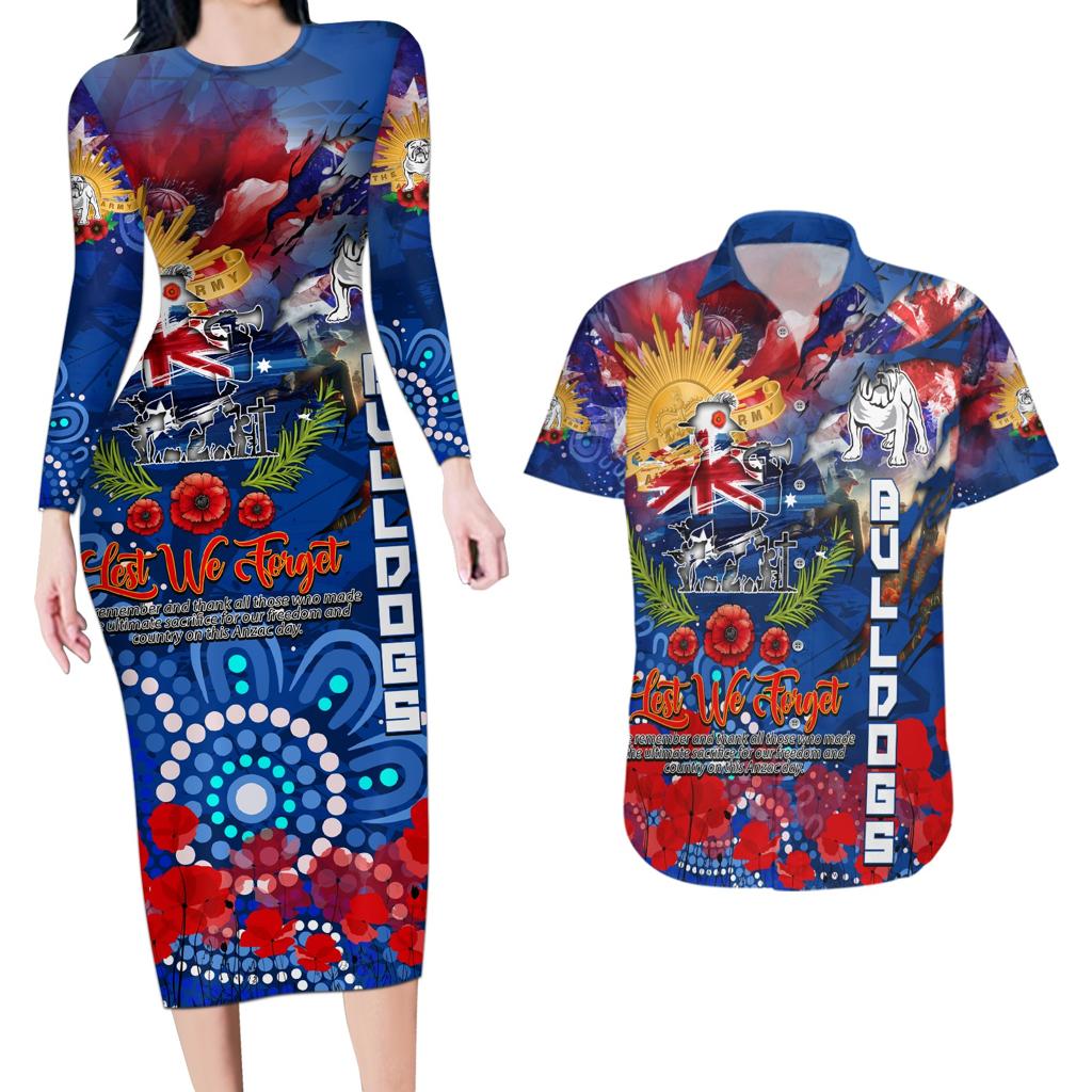 Personalised Australia Rugby Bulldogs ANZAC Couples Matching Long Sleeve Bodycon Dress and Hawaiian Shirt Canterbury-Bankstown Scratch Style