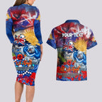 Personalised Australia Rugby Bulldogs ANZAC Couples Matching Long Sleeve Bodycon Dress and Hawaiian Shirt Canterbury-Bankstown Scratch Style