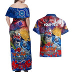 Personalised Australia Rugby Bulldogs ANZAC Couples Matching Off Shoulder Maxi Dress and Hawaiian Shirt Canterbury-Bankstown Scratch Style