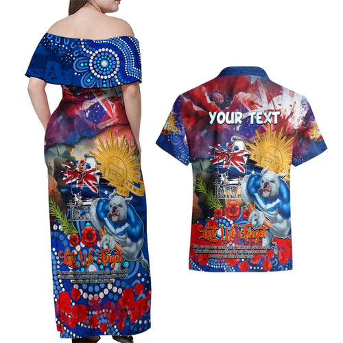 Personalised Australia Rugby Bulldogs ANZAC Couples Matching Off Shoulder Maxi Dress and Hawaiian Shirt Canterbury-Bankstown Scratch Style