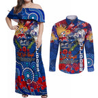 Personalised Australia Rugby Bulldogs ANZAC Couples Matching Off Shoulder Maxi Dress and Long Sleeve Button Shirt Canterbury-Bankstown Scratch Style