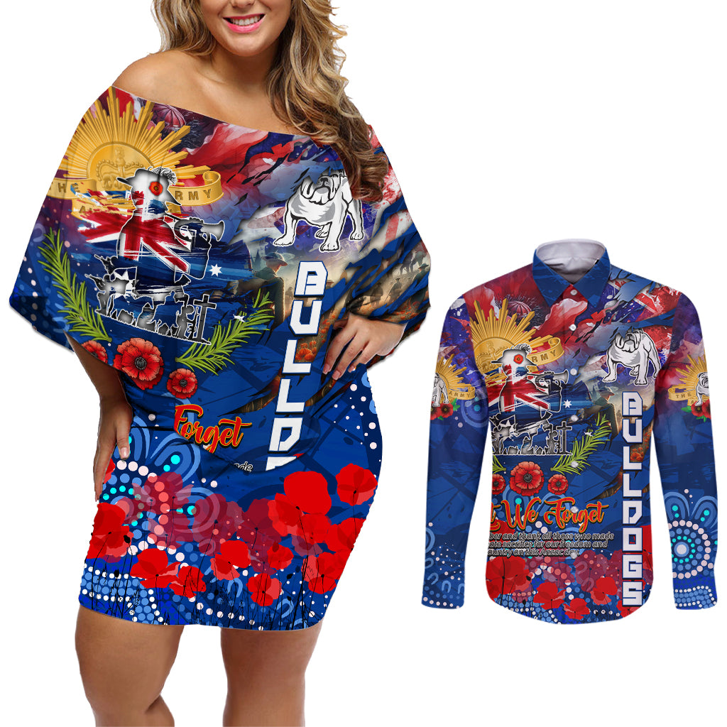 Personalised Australia Rugby Bulldogs ANZAC Couples Matching Off Shoulder Short Dress and Long Sleeve Button Shirt Canterbury-Bankstown Scratch Style