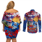 Personalised Australia Rugby Bulldogs ANZAC Couples Matching Off Shoulder Short Dress and Long Sleeve Button Shirt Canterbury-Bankstown Scratch Style