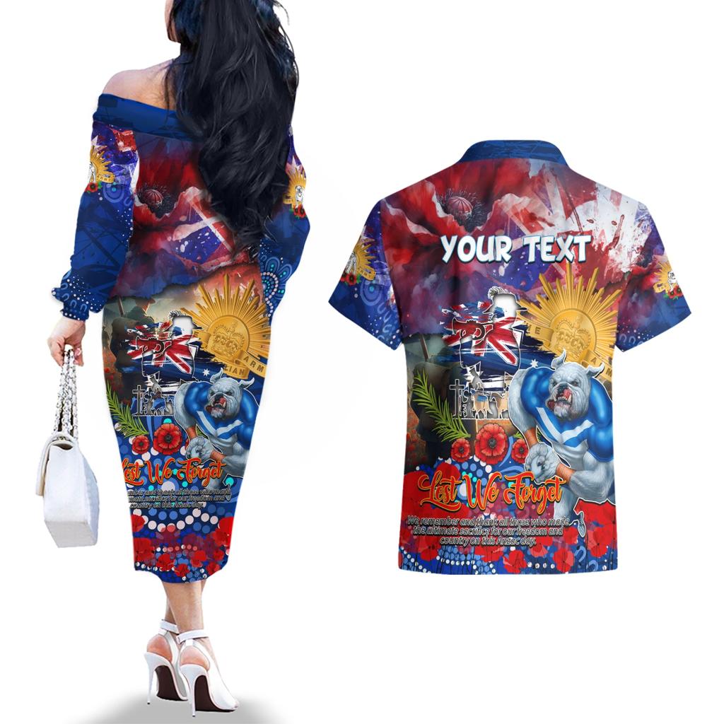 Personalised Australia Rugby Bulldogs ANZAC Couples Matching Off The Shoulder Long Sleeve Dress and Hawaiian Shirt Canterbury-Bankstown Scratch Style
