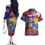 Personalised Australia Rugby Bulldogs ANZAC Couples Matching Off The Shoulder Long Sleeve Dress and Hawaiian Shirt Canterbury-Bankstown Scratch Style