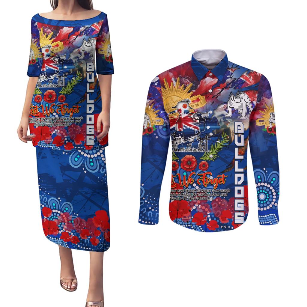Personalised Australia Rugby Bulldogs ANZAC Couples Matching Puletasi and Long Sleeve Button Shirt Canterbury-Bankstown Scratch Style