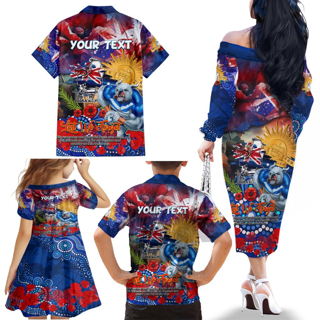 Personalised Australia Rugby Bulldogs ANZAC Family Matching Off The Shoulder Long Sleeve Dress and Hawaiian Shirt Canterbury-Bankstown Scratch Style