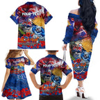 Personalised Australia Rugby Bulldogs ANZAC Family Matching Off The Shoulder Long Sleeve Dress and Hawaiian Shirt Canterbury-Bankstown Scratch Style