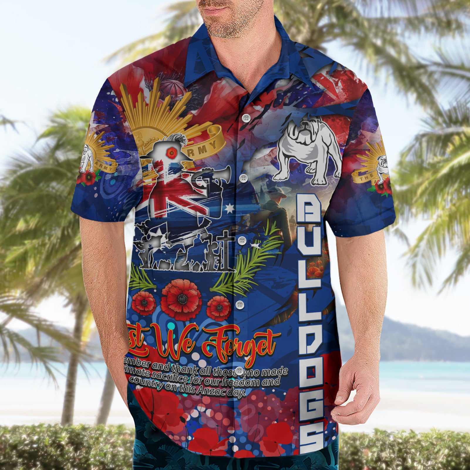 Personalised Australia Rugby Bulldogs ANZAC Hawaiian Shirt Canterbury-Bankstown Scratch Style
