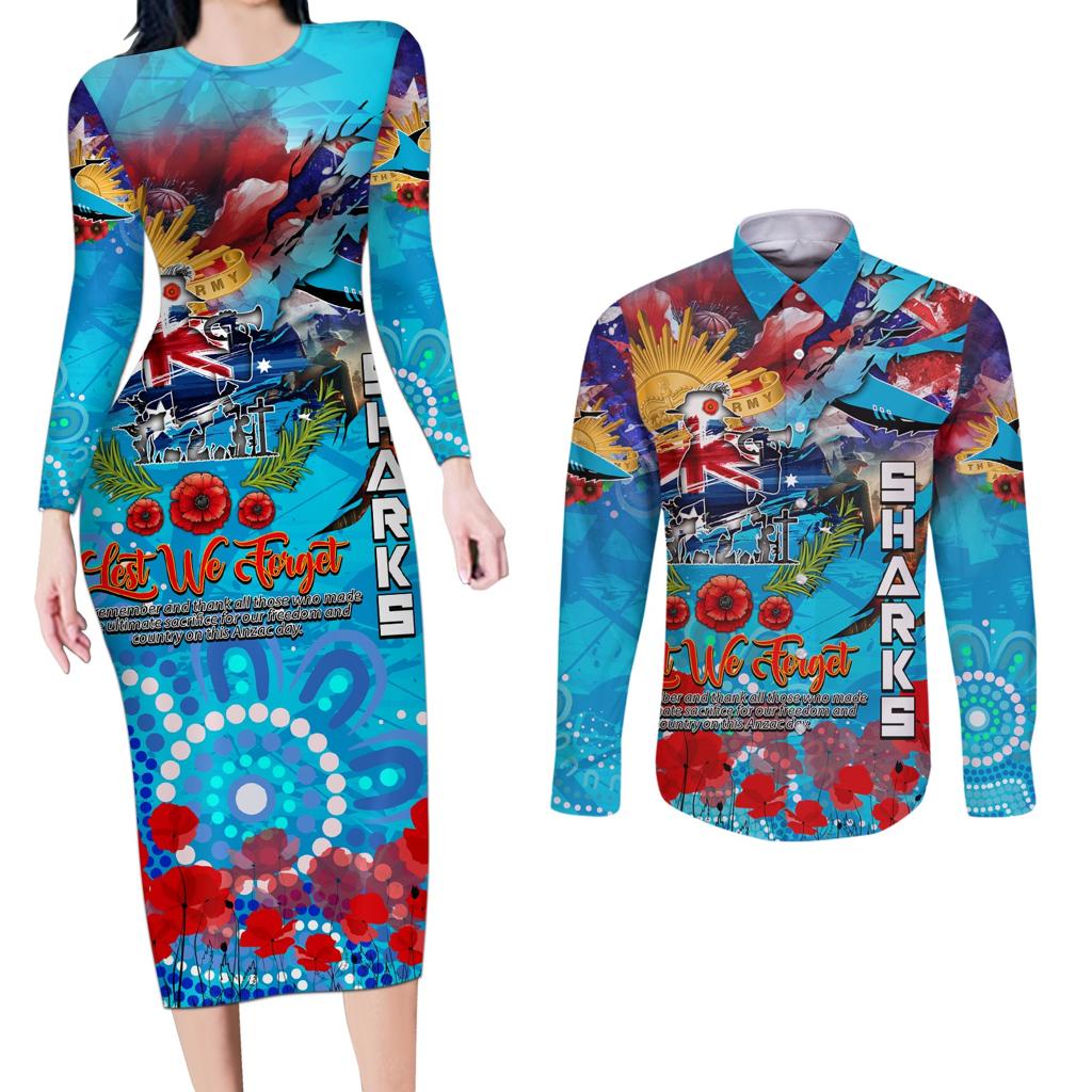 Personalised Australia Rugby Sharks ANZAC Couples Matching Long Sleeve Bodycon Dress and Long Sleeve Button Shirt Cronulla-Sutherland Scratch Style