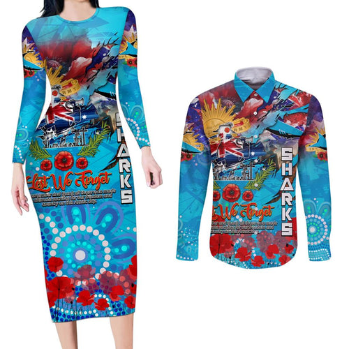 Personalised Australia Rugby Sharks ANZAC Couples Matching Long Sleeve Bodycon Dress and Long Sleeve Button Shirt Cronulla-Sutherland Scratch Style