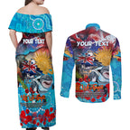 Personalised Australia Rugby Sharks ANZAC Couples Matching Off Shoulder Maxi Dress and Long Sleeve Button Shirt Cronulla-Sutherland Scratch Style