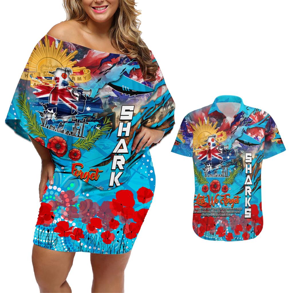 Personalised Australia Rugby Sharks ANZAC Couples Matching Off Shoulder Short Dress and Hawaiian Shirt Cronulla-Sutherland Scratch Style