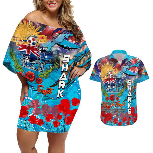 Personalised Australia Rugby Sharks ANZAC Couples Matching Off Shoulder Short Dress and Hawaiian Shirt Cronulla-Sutherland Scratch Style